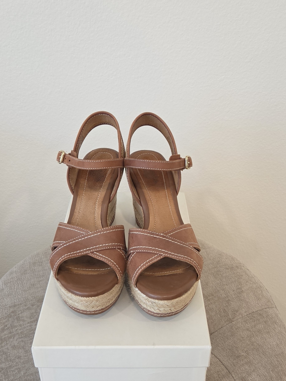 Women's Tan Wedge Sandals with Ankle Strap Size 8